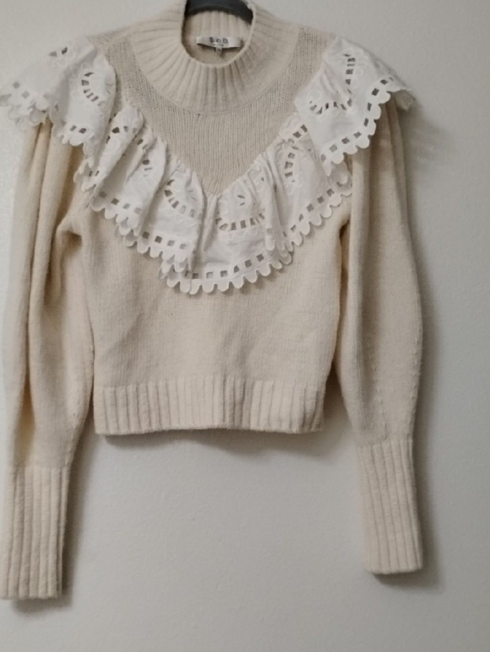 Sea New York Cream Turtleneck Sweater with White Eyelet Ruffle